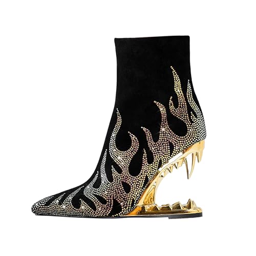 Rhinestone Sparkling Ankle Boots for Women Flame Shark Teeth Heel Booties Tiger Tooth High Heeled Glitter Boots
