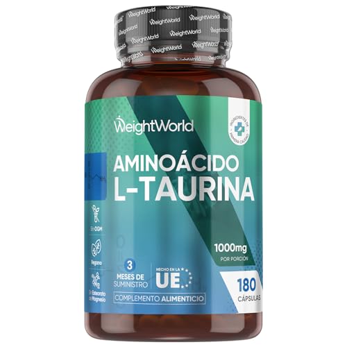L-Taurina Cápsulas 1000mg - 180 unidades para 3 Meses - Suplemento Deportivo para Pre Entreno y Post Gym - Aminoácidos para Hombres y Mujeres, Sin OGM, Vegano y Sin Gluten