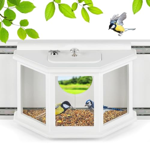XYADX Window Bird Feeder with Secure Locker & Rail Sliding 180 Clear Design Squirrel Proof Bird Feeder for Indoor Window Viewing