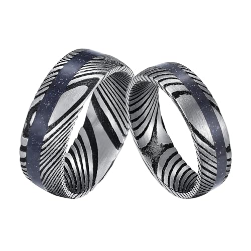 Damascus Steel Couple Rings Set 6mm and 8mm with Gold Sand Stone Inlay – Unique His and Hers Matching Bands