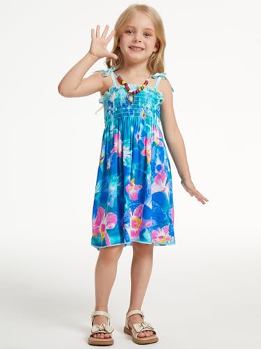 Hawaiian Dresses for Girls Smocked Beach Sundress Floral Summer Dress with Necklace3