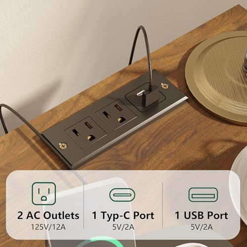 Image of Veegle Nightstand with Charging Station,Retro Bedside Table,Dark Walnut