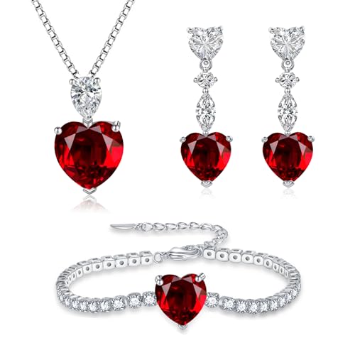 Glintara Schmucksets Silber 925 Damen, Herz Halskette Ohrringe Armband Set mit Rot Zirkonia, 3 Stück Anhänger mit 45cm Silberkette & Hängeohrringe & Armkette, Schmuck Set Geschenke...