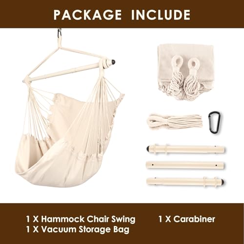 Image of Highwild Hammock Chair Hanging Rope Swing - Max 500 Lbs - Steel Spreader Bar with Anti-Slip Rings - for Any Indoor or Outdoor Spaces (Beige)
