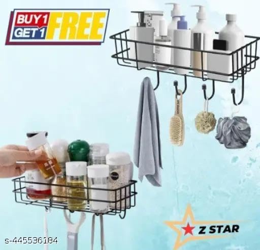 (Pack of 2) Steel Self-Adhesive Multipurpose Bathroom Shelf with Hooks/Towel Holder/Rack/Bathroom Accessories-Wall Mount - Pack of 2 (Black,Powder Coated) 3