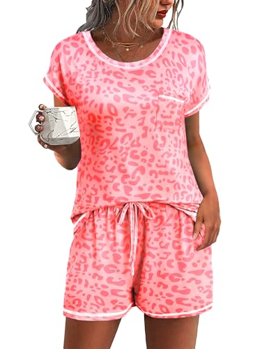 Ekouaer Womens Pajama Sets 2 Piece Soft Short Sleeve Top and Shorts Sleepwear Round Neck Pjs Lounge Set with Pockets Light Pink Leopard XX-Large