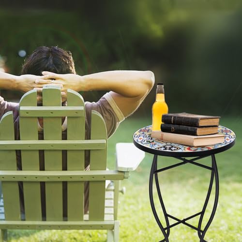 VCUTEKA Mosaic Outdoor Side Table - Small Patio Table Coffee Outside Accent Tables Round End Plant Tables for Bistro Balcony Porch Outdoor Benches 14'' Muti Yellow