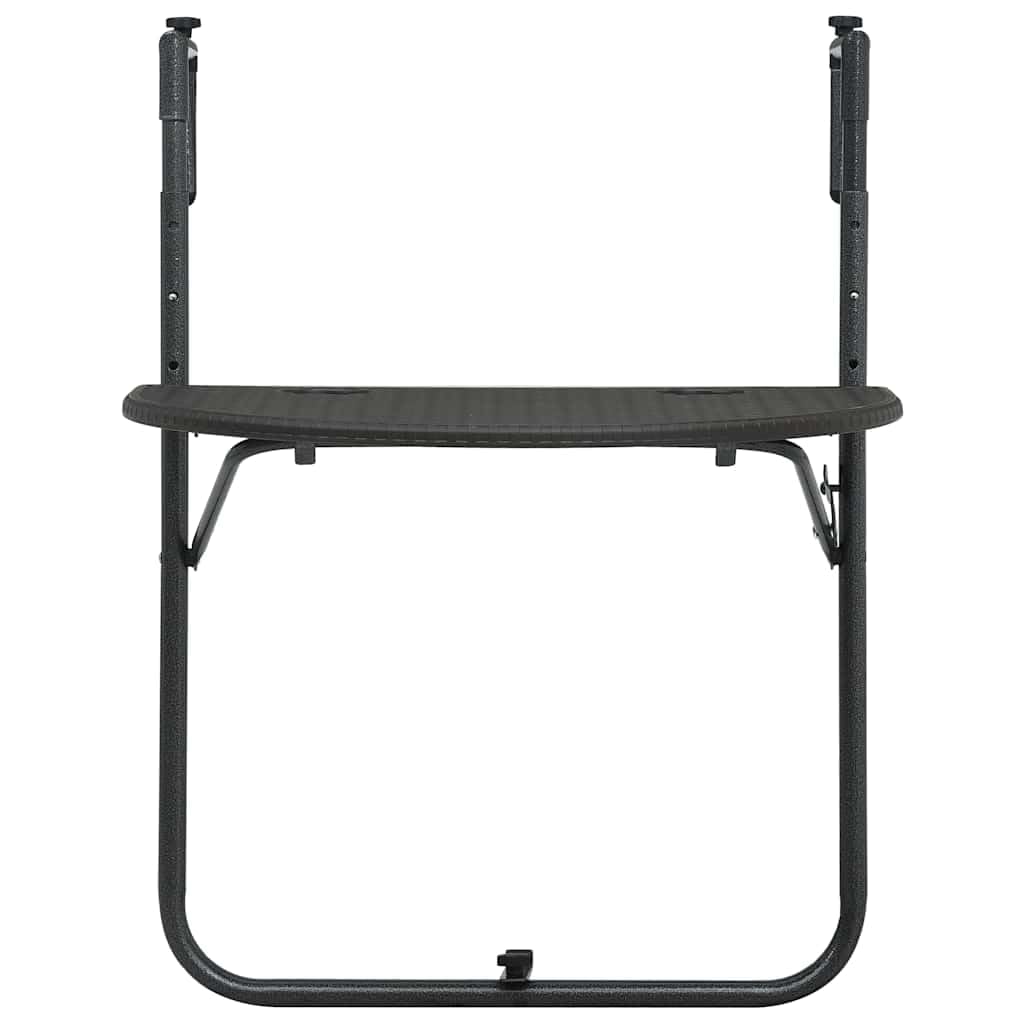 Table suspendue de balcon marron 60 x 64 x 83,5 cm en plastique aspect rotin, table d'appoint pliable avec structure en acier réglable en hauteur pour boissons et outils de jardin
