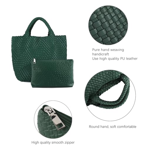 Image of Women's Vegan Leather Tote Bag - Handmade Woven Beach Bag, Travel Handbag with Purse & Top Handle Hobo Tote(Dark Green)