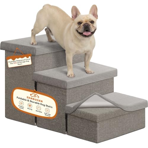Image of Zerbuger Dog Stairs 23 inch H, 4-Step Wider Dog Steps for High Beds Window, Folding Storage Pet Stairs Gift for Small /Medium /Large Old Dogs Cats, Ramp for Climbing Car Up to 200 lbs (Gray, with Condo)