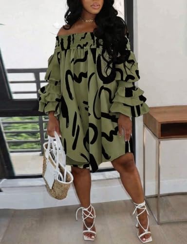 Image of WOKANSE Party Dresses for Women Off Shoulder Layered Flare Sleeve A line Ruched Plus Size Midi Summer Dress