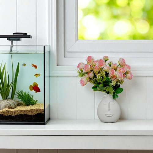 Image of Garden Art Artificial Small Rose Flower Bunch (Pack of 1) | 5 Heads with 15 Flowers & Buds, 35 cm Faux Rose Bouquet for Home Decor, Wedding & Table Decoration (White Shaded)