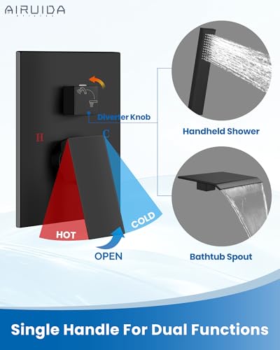 Airuida Grifo para Bañera con Caño Tipo Cascada y Ducha de Mano - Negro Mate | Caño Ángulo Biselado, Control de Una Manija, Válvula Incluida, Montaje en Pared miniatura 5