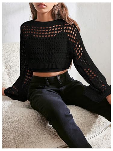 Image of RoseSeek Girl's Hollow Out Knitted Crop Sweater Long Sleeve Crew Neck Drop Shoulder Sheer Pullovers Knitwear