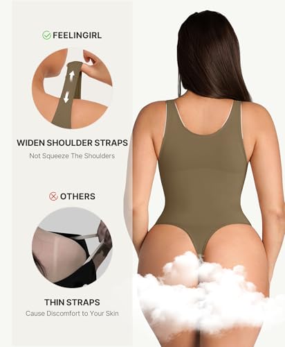 Image of FeelinGirl Shapewear Bodysuits for Women Tummy Control Thong Seamless V Neck Compression Body Suits Corset Top