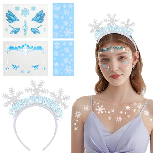 Kiiwah Cerchietti Natalizi di Fiocco di Neve, Temporanei Tatuaggi Fiocchi Di Neve Adesivi per Viso Accessori per Capelli per Donna Ragazza Costume Natale