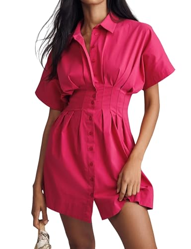 Image of Burtell Summer Button Down Pleated Shirt Dress for Women Striped Print V Neck Short Sleeve Mini Dress Casual Corset Dresses