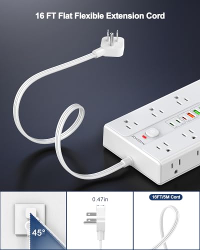 Image of Surge Protector Power Strip with 16 AC Outlets 6 USB Ports(3 Type C) | Flat Plug 16Ft Extension Cord with Multiple Outlets, Desktop Charging Station, Flat Plug Outlet Extender for Home Office Dorm