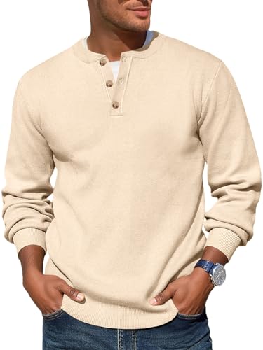 Runcati Mens Henley Knit Sweater Long Sleeve Quarter Button Pullover Sweaters Casual Fall Tops Beige