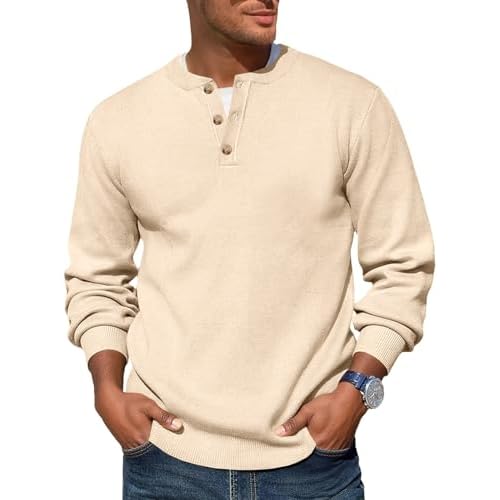 Runcati Mens Henley Knit Sweater Long Sleeve Quarter Button Pullover Sweaters Casual Fall Tops