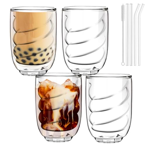 talifoca Juego de 4 vasos acanalados con pajitas de cristal, 350 ml, vasos de café helado, vasos de ondas, vasos largos para cócteles, agua, limonada, zumo, ideal como regalo