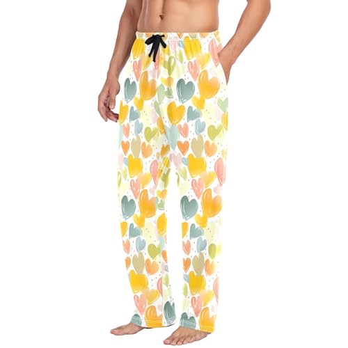 Men's Colourful Heart Pajama Pants with Pockets - Straight Fit Cotton Sleep Bottoms for Lounge & Nightwear#1424