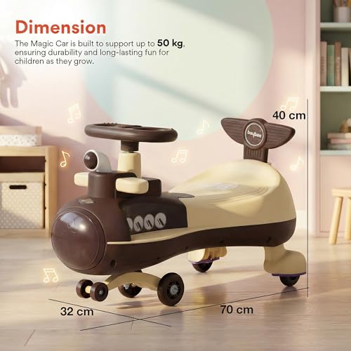 Image of Baybee Diver Baby Swing Cars for Kids | Indoor Wiggle Push Baby car with Floor Lights | Twister Ride on Kids Car with RGB Lights, Music & Backrest | Magic Car for Kid 2 to 5 Years (Brown)