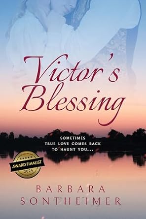 Victor's Blessing by Barbara Sontheimer, depicting a pastel pink and blue sunset and a black silhouette of a horizon of trees, both reflected on water.
