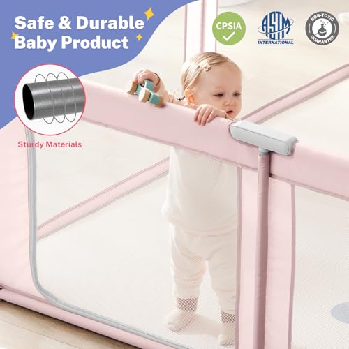 Image of Baby Playpen Portable, Pre-Assembled Play Pen 71x79 Large Foldable Playpen for Babies and Toddlers, Sturdy and Safe Toddler Play Yard Indoor Outdoor with Carry Bag, Pink