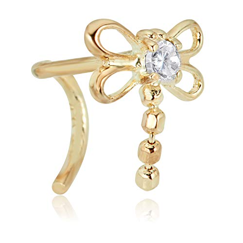 Image of AVORA 14K Gold Dragonfly Butterfly Simulated Diamond CZ Curved Twisted Screw Nose Ring (20 Gauge)