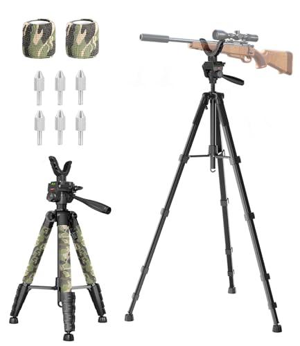 74” Rifle Shooting Tripod, Hunting Rest V Yoke Rifle Rest with 6 Ground Spikes, 2 Camo Strap, Aluminum Crossbow Shooting Stand with Durable Frame for Hunting, Shooting, and Outdoors