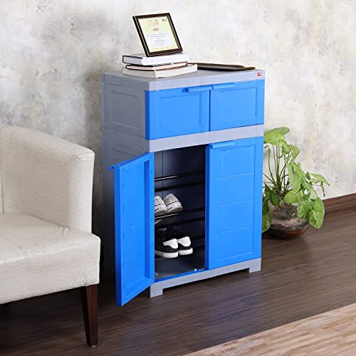 Image of Cello Novelty Dual Plastic Shoe Rack with Dustproof Doors| 3 Year Warranty | Chappal /Slipper /Footwear Stand for Home, Living Room, Office, Outdoor| Blue & Grey Colour