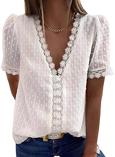 Dokotoo Women's V Neck Lace Crochet Tunic Tops Flowy Casual Blouses Shirts