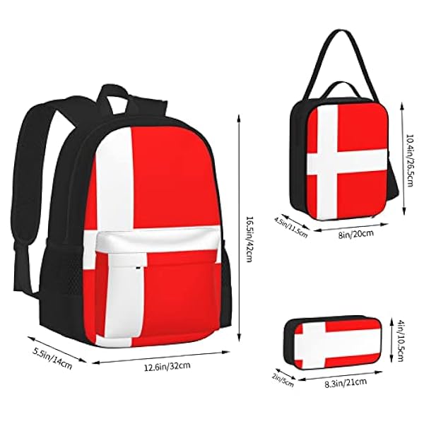 TEMKIN Denemarken Deense Vlag Gedrukt Laptop Rugzak Voor Vrouwen Mannen Met Bento Lunch Tas Potlood Pouch Box 3 stks Rugzakken Sets, Zwart, Eén maat