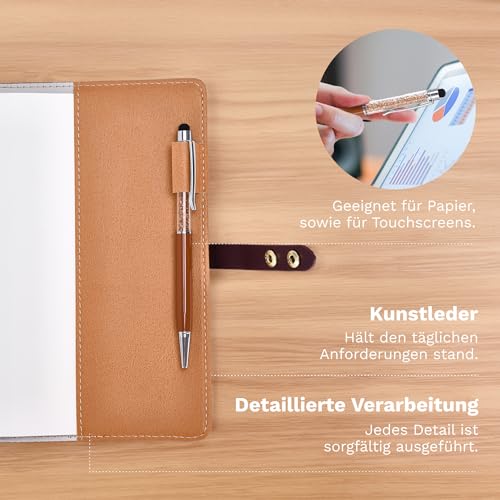 DONBOLSO Notizbuch Leder A5 in Geschenkbox - 192 Seiten - Strapazierfähiges Kunstleder-Hardcover mit Doppelknopfverschluss, Kristal Touchscreen-Stift - Ideal für Business - 22x15 cm,Braun