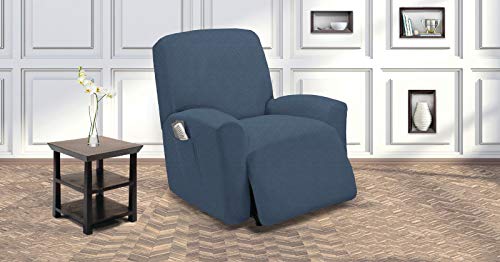 Linentopia Furniture Recliner Slip-Cover, 1-Pc Protector Cover For Chair Recliner, Solid Color, Form-Fit Stretch, Polyester Spandex Fabric, Diamond-Shape Nonslip, (Deziray, Reclnr, Dark Blue) #TOP2