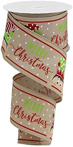 Peeking Elf on Satin Wired Edge Ribbon - 10 yards (Natural, 2.5 Inch)