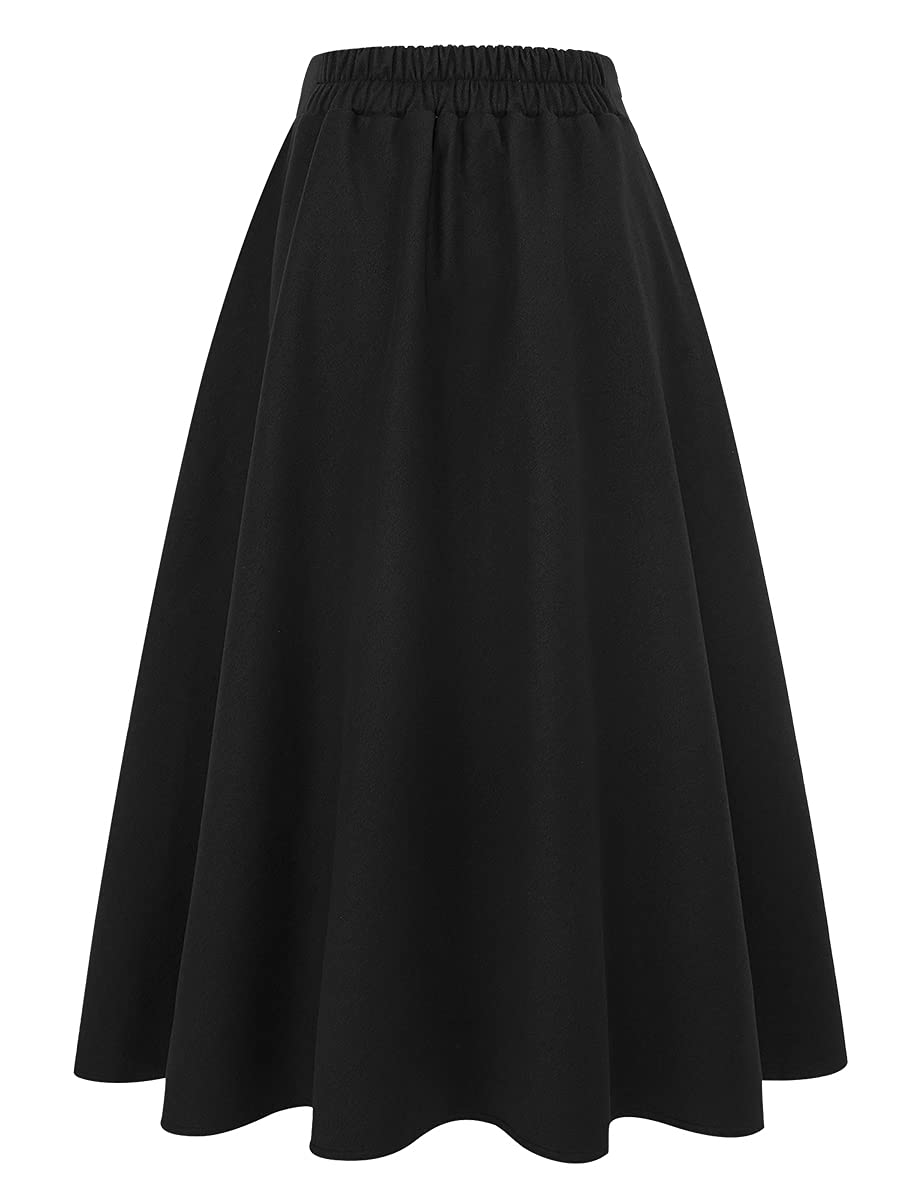 IDEALSANXUN Womens Plaid Wool Skirts Elastic Waist A-Line Pleated Tartan Long Skirts: X-Small Long Pure Black