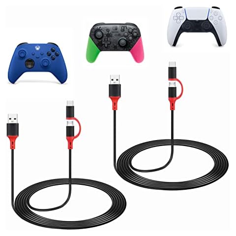 weishan 2-Pack Charger for PS5 PS4 Xbox One Xbox Series X/S Wireless Game Controllers, 2-in-1 Charging Cable USB C & Micro USB Cord Compatible with Nintendo Switch, 10ft Cover