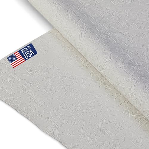Tooled Faux Leather Western Cowboy, Floral Embossed Vinyl, Craft DIY and Upholstery Textured PU Pleather Fabric - Individual 1 Yard Cut 36"x54" (White)