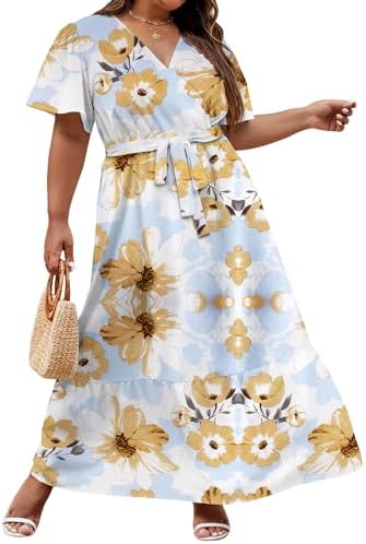 Plus Size Dresses for Curvy Women Summer Floral Dresses Wedding Guest Short Sleeve Wrap V Neck Maxi Long Maternity Dress with Belt XL-5XL Blue