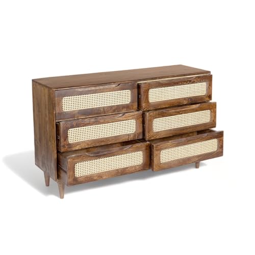 Image of Solid Wood Atlanta Chest of Drawer | Dresser with 6 Drawers | Wooden Chest of Darwers | Chest of Drawers with Cane /Rattan | Finish- Tubaq
