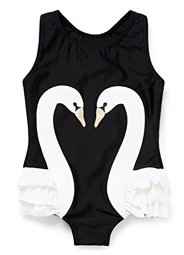 stylesilove Kid Girls One-Piece Swan Print Ruffle Swimsuit Beachwear Bathing Suit