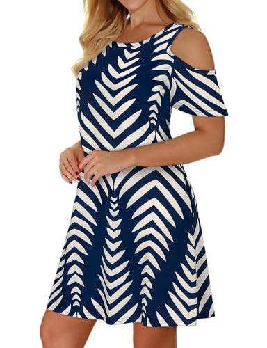 Image of Misyula Style Womens Summer Cold Shoulder Floral Flowy T-Shirt Dress with Pockets