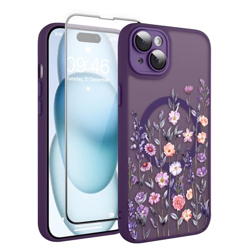 Coque iPhone 15 Plus MagSafe violette avec motif floral chic et verre trempé antichoc pour femme