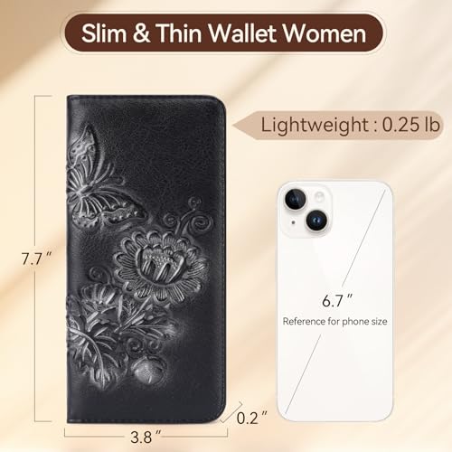 Image of Wallet Women Ultra Slim Thin Rfid 3D Embossed Vegan Leather Womens Wallet Clutch Long Ladies Wallet (01-Black)