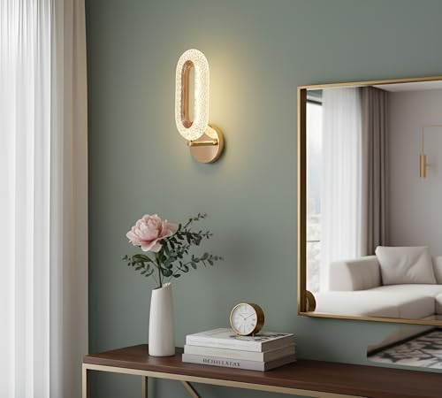 Image of Elegant Crystal LED Wall Sconce Light | Gold Finish Oval Shape Lamp with Clear Acrylic Shade | 3-Step Color Changing Decorative Wall Light for Bedroom, Hallway, Living Room, Bathroom