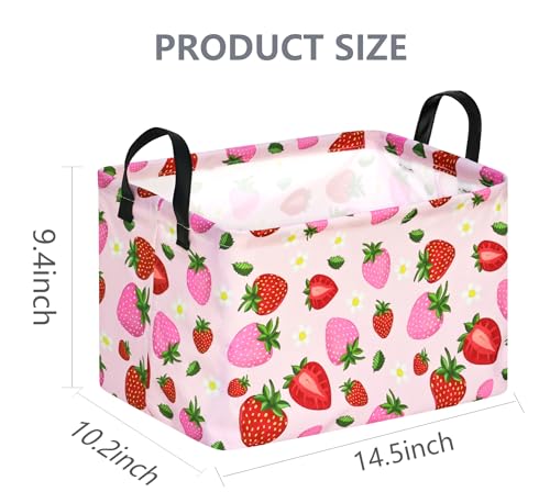 Image of Strawberry Print Storage Box Girls Gifts Basket Clothes Hamper Basket Collapsible Organizer Bin Gift Shelf Baskets for Home and Kitchen Storage.