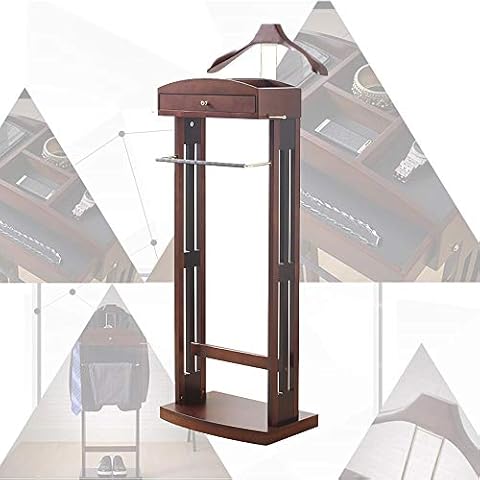 LOHOX Floor Standing Suit Hanger Clothes Valet Stand Freestanding Hardwood Wardrobe Valet Stand for Clothes with Trouser Bar Jacket Hanger Tray Organizer Tie Belt Hook and Shoe Rack Cover