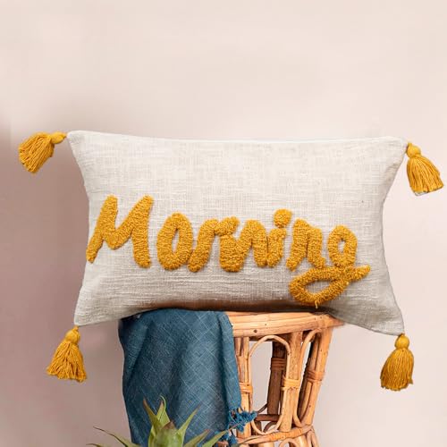 Image of HOMADORN 100% Cotton Text Pattern Handtufted /Embroided Decorative Cushion Cover (12X20 Inches) (1, Morning)